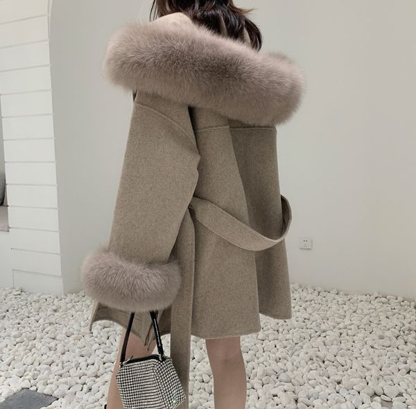 

luxury oversized real cashmere blend fur coat womens winter wool hooded cardigan jacket with genuine fox furs collar droppshiping, Black