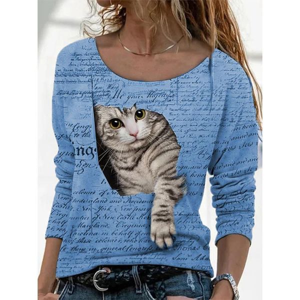 

women's blouses & shirts fashion loose blouse women 2021 autumn vintage 3d cat print o-neck long sleeve ladies shirt elegant casual pul, White