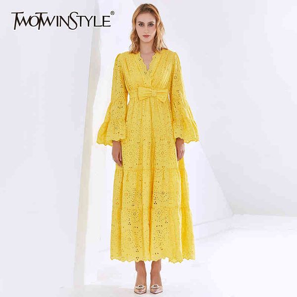 

twotwinstyle hollow out dress for women v neck flare long sleeve lace up bowknot elegant dresses female fashion clothes 210517, Black;gray