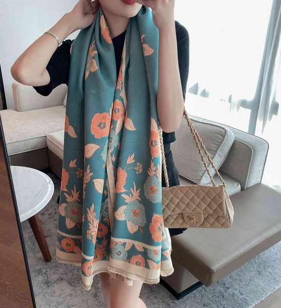 

tippet muffler scarf autumn and winter flower pattern imitation cashmere scarf 2021 warm thickened shawl dual-purpose long bib for women, Blue;gray