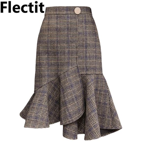 

skirts flectit fall winter vintage checked flounced skirt front button high waist knee length plaid midi, Black