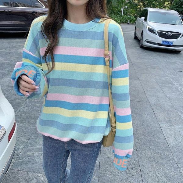 

women's hoodies & sweatshirts autumn rainbow striped oversized women harajuku crew neck sweatshirt korean ins fashion pullover femme ca, Black