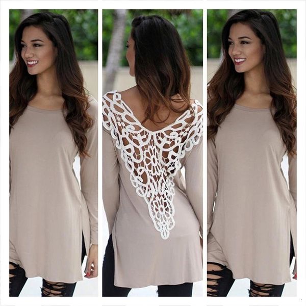 

t shirts 2021 crocheted lace backless hollow slit long t-shirt women, White