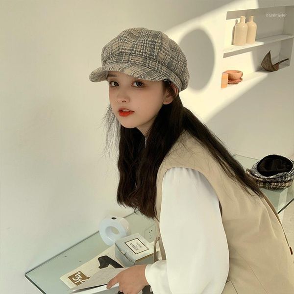 

plaid web celebrity woolen octagonal hat children round face british and korean version of the retro versatile small beret berets, Blue;gray