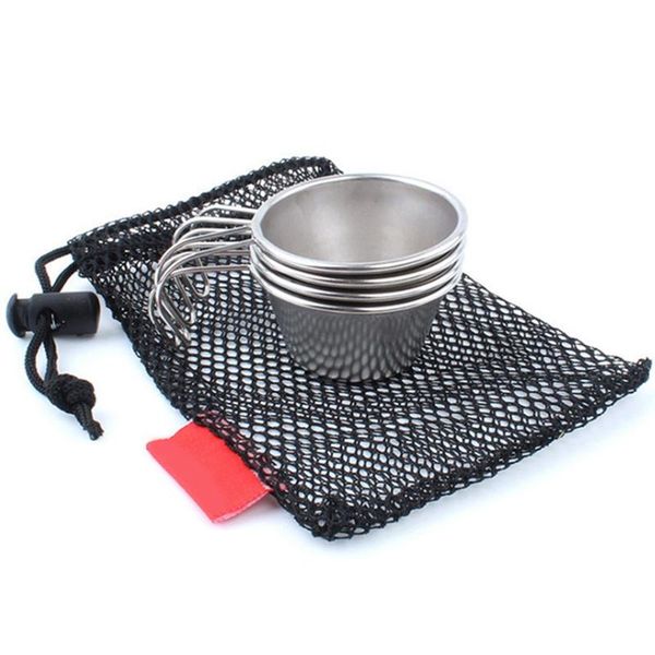 

camp kitchen 4 stainless steel bowls mini portable cookware outdoor camping tableware coffee cup with handles anti-scalding small bowl