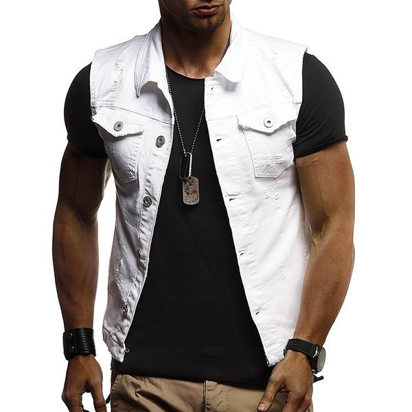 

fashion vest autumn men's denim large wash hole 3902, Black;white