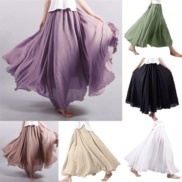 

skirts summer women casual linen pleated long beach boho vintage skirt, Black