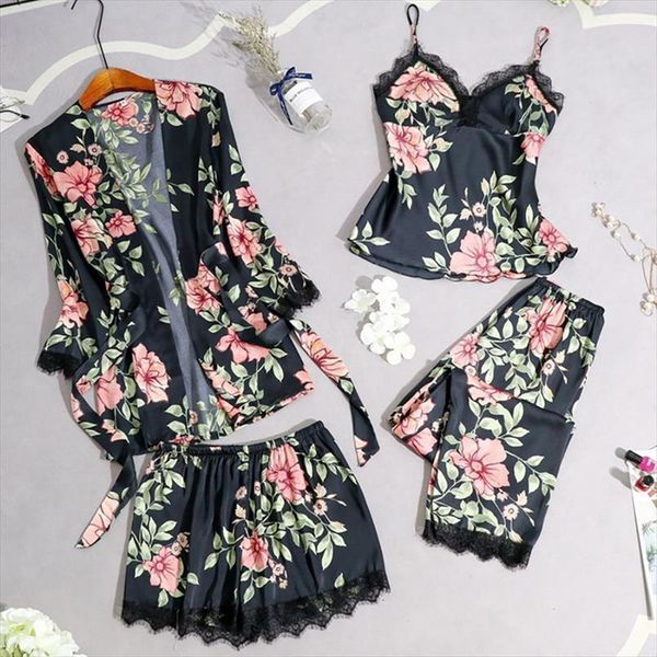

spring autumn silk pajamas sets women sleepwear with chest pads flower print pijama 4 pieces spaghetti strap satin pyjamas, Black;red