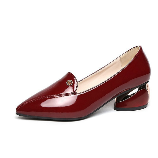 

elegant women shoes fashion patent leather high heels square heel pointed red wedding ladies thick slip on office zapatos dress, Black