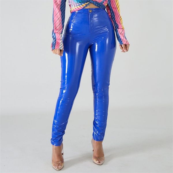 Plus große Größe PU-Kunstleder-Leggings Große glänzende dünne Hosen Hosen Frauen mit hoher Taille Flüssiges PVC-Latex-Patent-Bleistifthose 211204