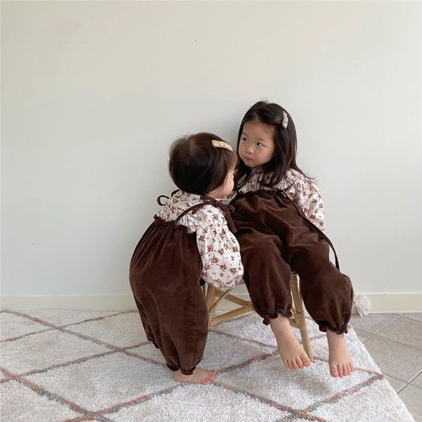 

clothing sets wholesale korean style spring baby girls 2-pcs long floral shirts+corduroy sling jumpsuit children clothes e3971 coug, White