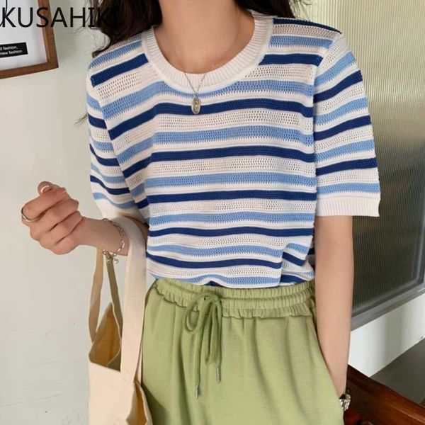 

kusahiki summer thin knitted striped t shirts korean short sleeve o-neck graphic tees women causal shirt 6h480 210602, White