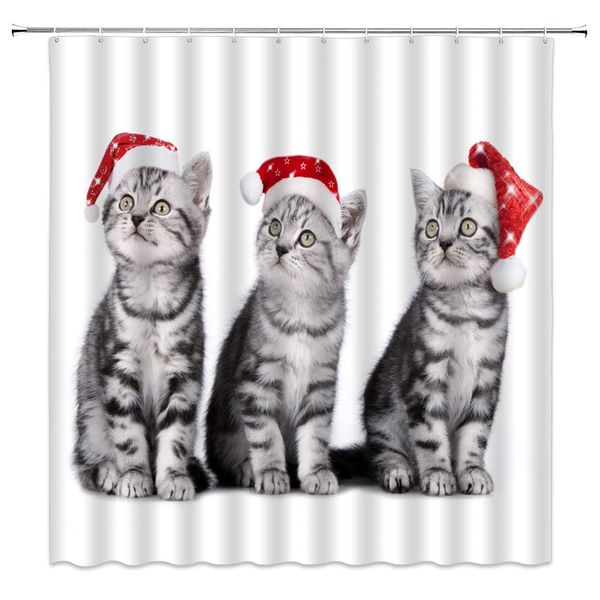

christmas cat shower curtain cute gray kitten wear red xmas hat lovely funny animal for pet lover merry christmas bathroom decor