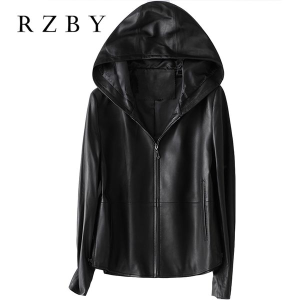 

rzby women 100% real sheepskin coat hooded jacket spring fashion genuine leather jackets chaqueta mujer 210916, Black