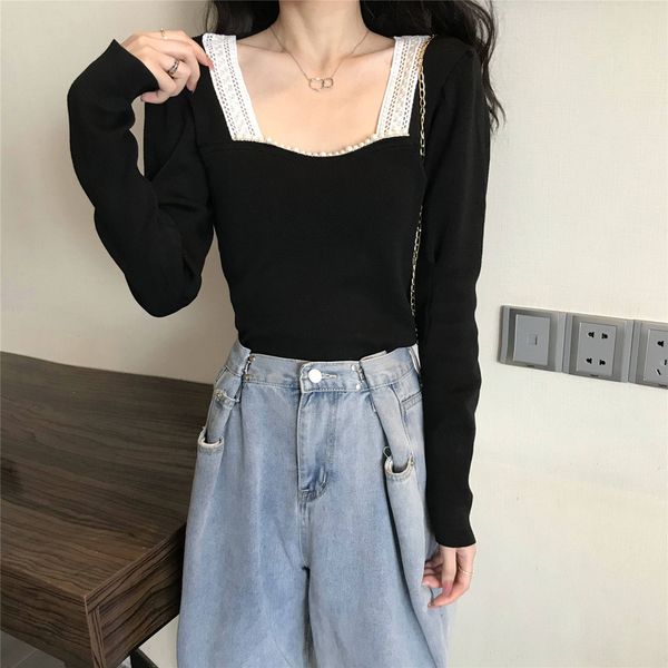 

women knitted shirts spring autumn female long sleeve skinny short casual sweaters elastic knitting pullover 210423, White;black