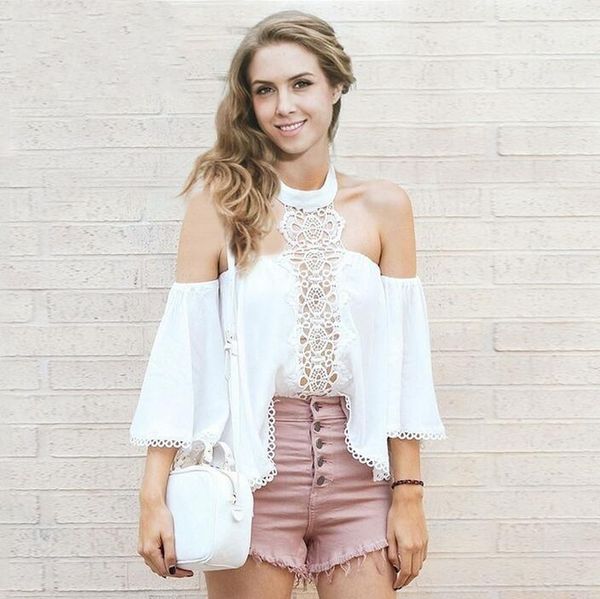 

women's blouses & shirts summer women off shoulder halter see through chiffon lace hollow out white fashion casual shirt
