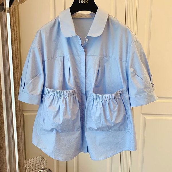 

women's blouses & shirts womens and short sleeve turn-down collar loose cotton big pocket solid blue white for women summer