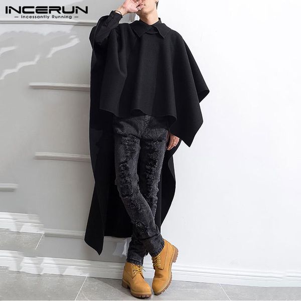 

men's trench coats incerun fashion men irregular cloak 2021 streetwear lapel long sleeve poncho chic loose solid color cape s-5xl, Tan;black