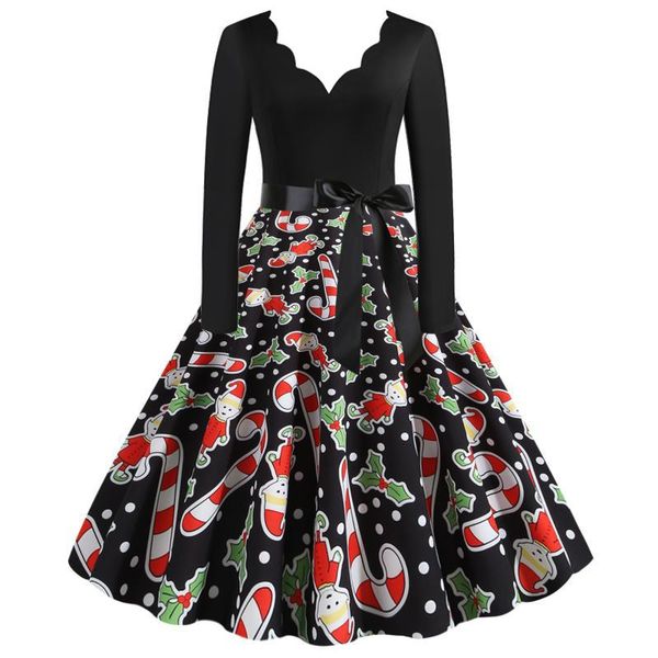 

casual dresses spring fall christmas clowns ornaments print v neck bow ribbon long sleeve women ladies party mini short skater dress, Black;gray