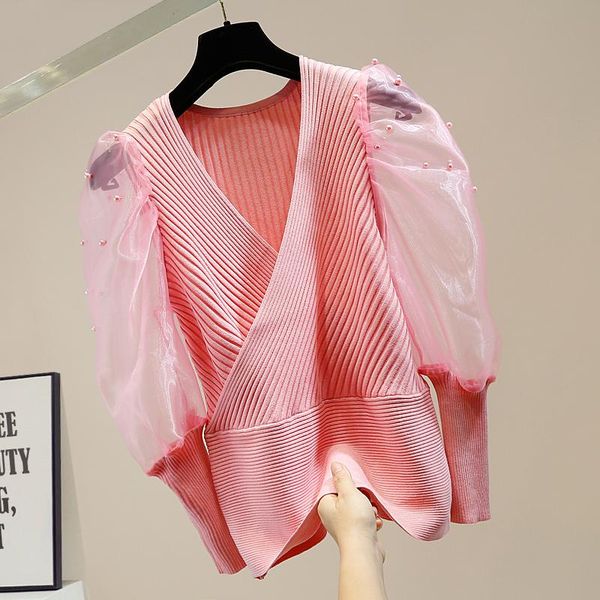 

women's sweaters sweater shirt woman heavy industry beaded stitching perspective puff sleeve cross v-neck waist hugging top, White;black