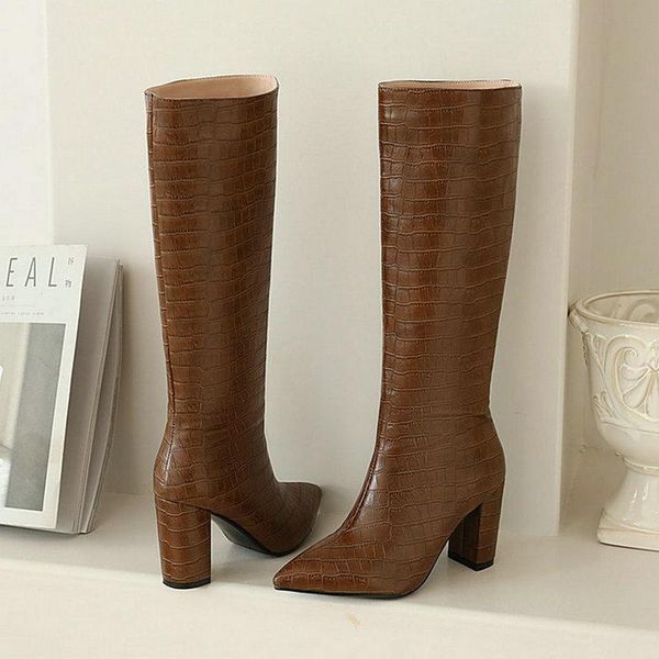 

boots 2021 women knee high fashion pointed toe square heel ladies slip on winter shoes black yellow brown