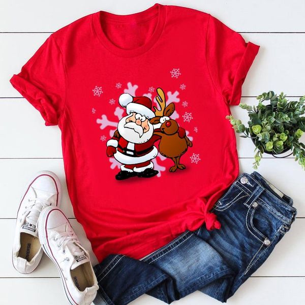 

women's t-shirt women funny santa and reindeer printed christmas red t shirt graphic short sleeve colorful tee shirts, White