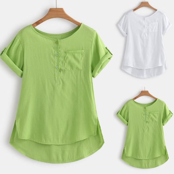 

fashion solid buttons blouse shirt split pocket casual summer ladies loose female women short sleeve blusas women's blouses & shirts, White