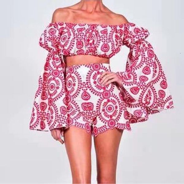 

two piece dress cbafu verÃ£o 2 peÃ§a conjunto feminino fÃ©rias praia vermelho bordado shorts terno slash neck manga longa superior alargamento, White