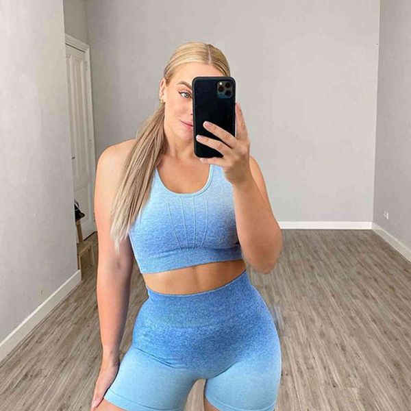 

tracksuits 2 pieces seamless set short gradient fitness sports suits gym clothing yoga bra+high waist shorts workout pants 5lh2, Gray