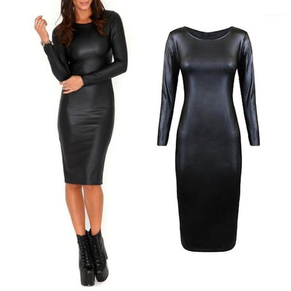 

casual dresses 70% 2021 night club women long sleeve crew neck faux leather bodycon midi dress, Black;gray