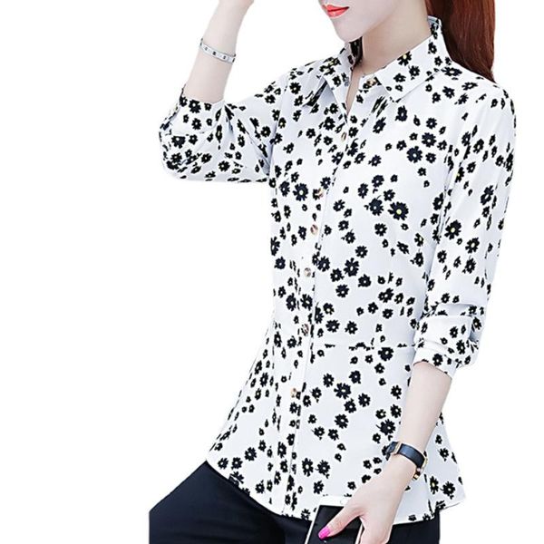 

women's blouses & shirts black white flower print turn down collar button up blouse women spring long sleeve shirt office blusa muj