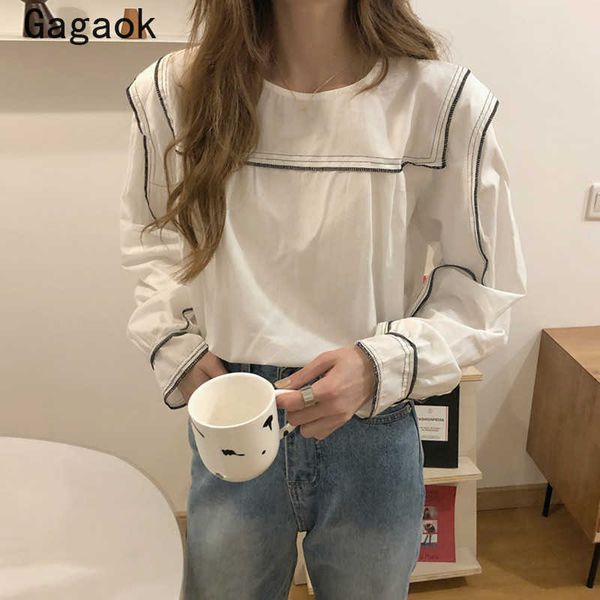 

white blouses women spring autumn o-neck full patchwork korean loose casual chic fashion wild simple shirts 210531