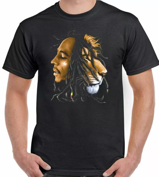 

bob marley t-shirt, mens iron lion zion music rasta reggae rastafarian jamaica, White;black