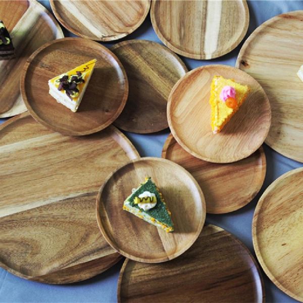 

classic tableware set wooden round solid pan plate saucer tea tray dessert dinner fruit dishes kitchen storage & organization