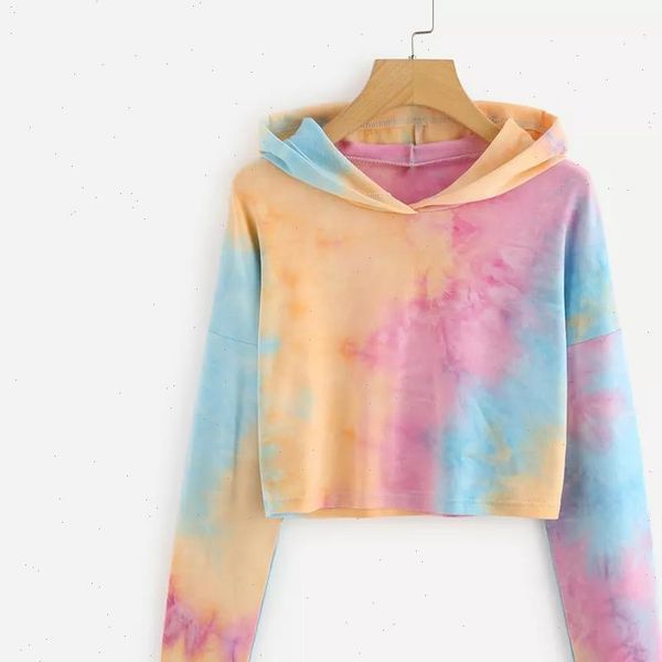 

womens hoodies tieÂ dye long sleeve cropped pullover hooded casual hoodie sweatshirt sweat a capuche femme, Black