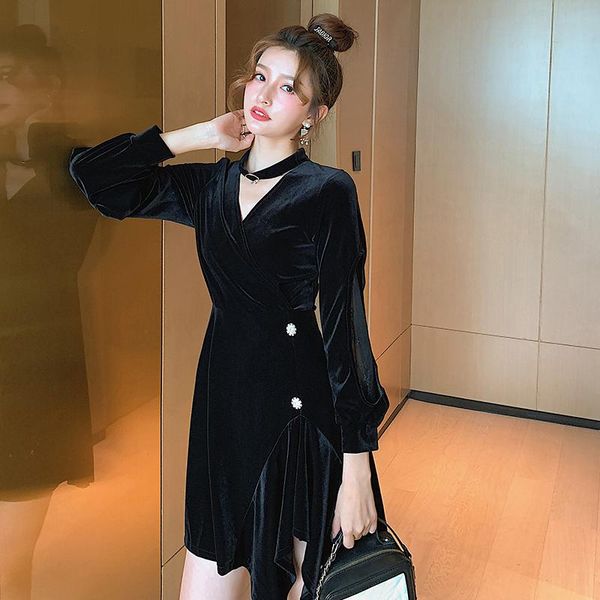 

casual dresses coigarsam women one piece korea dress winter 2021 office lady patchwork lace zipper black traf robe vestidos, Black;gray