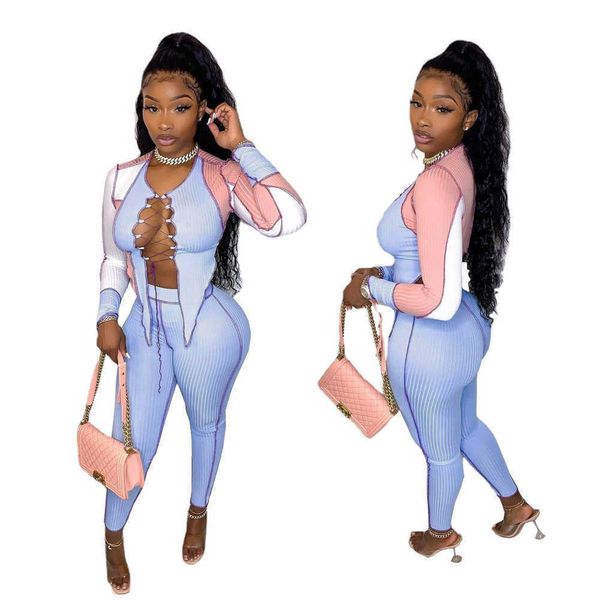 Spring Women Coussuits Desinger Sexy Hollow Out Thround Bandage Contrast Splicingtwo Piece Bant Set Brap Outfits S-XXL