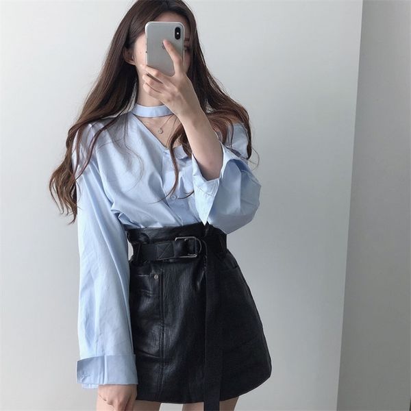 

spring autumn women's blouse korean style hanging neck solid color strapless loose casual female s gx367 210507, White