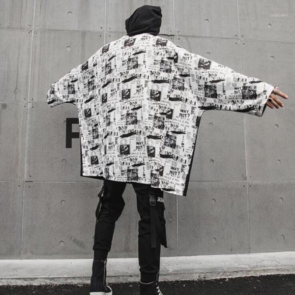 

men's t-shirts spring autumn men fashion printed patchwork hip hop punk hooded t shirt oversized long tee shirts vintage streetwear clo, White;black