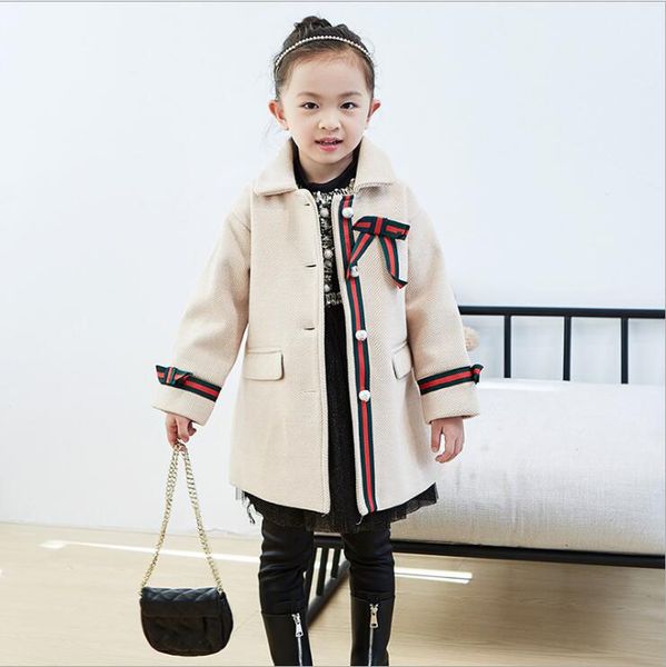 Мода девушки длинные стиль шерстяные пальто с жемчужной кнопкой осень зима детские куртки детская девушка для детей 2 цвета 2-7 лет