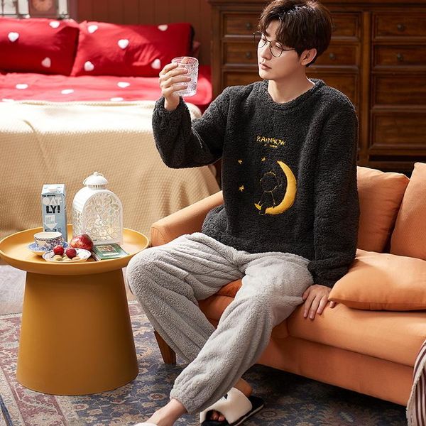 

men's sleepwear thick warm flannel male pajamas set loose o-neck winter for men fashion black long sleeve cartoon man 2pcs homewear, Black;brown