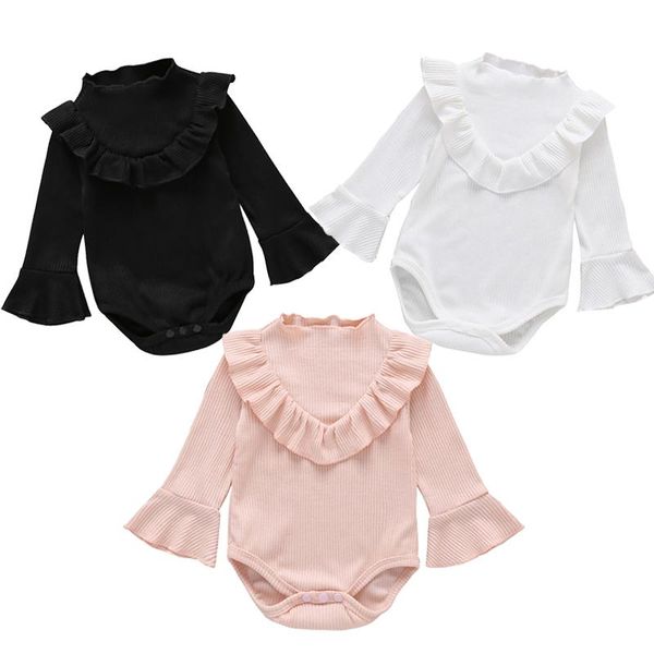 

clothing sets baby spring born girl ribbed jumpsuit bodysuit flare long sleeve clothes solid outfits for 0-18m, White