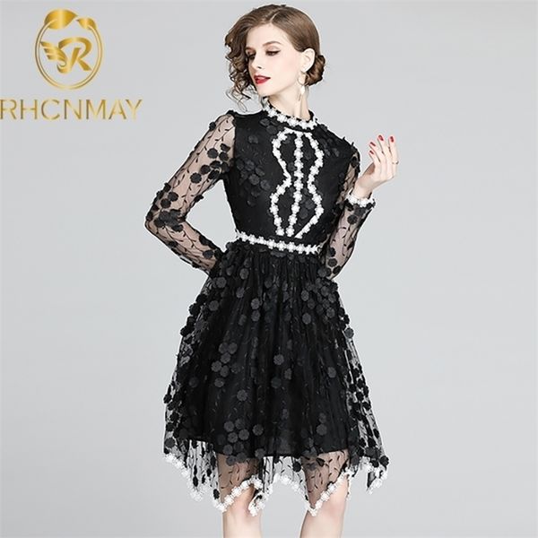 

luxury women party dress runway summer 3d floral mesh embroidery female patchwork lace swing 210520, Black;gray