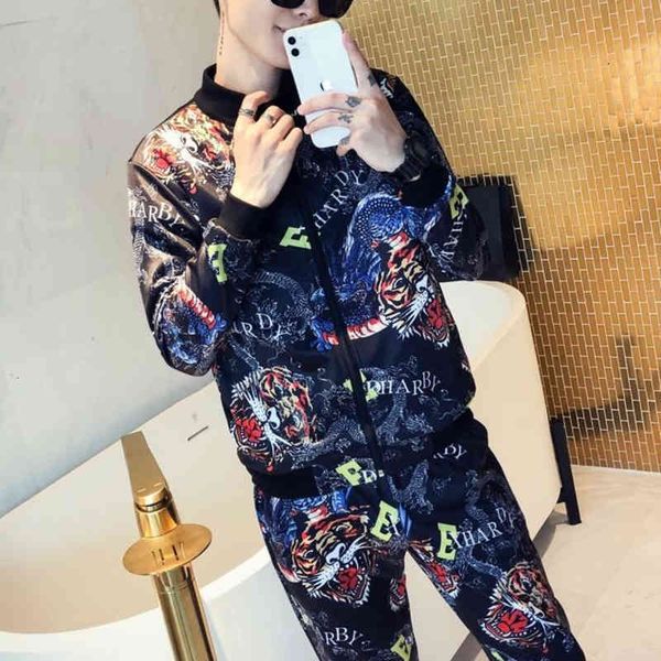 

women's tracksuits jacket + pant chandal hombre tracksuit men moda ropa de men's set sport tiger floral headdress zipper cardigan, Gray