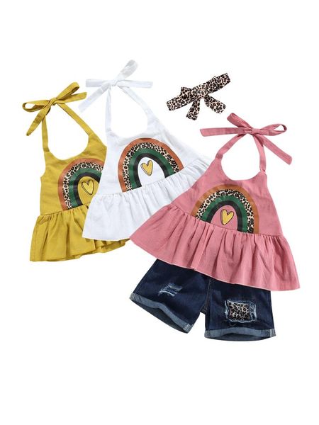 

clothing sets citgeesummer kids girls vest and shorts suit fashion rainbow halter leopard patchwork denim, White