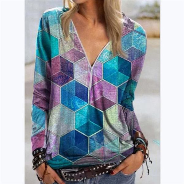 

women's blouses & shirts spring ladies casaul long-sleeved loose v-neck blouse 2xl autumn print, White