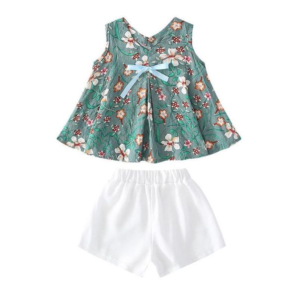 

clothing sets clothes for girls floral print vest + shorts suit summer princess outfits teenage kids children set 3 5 7 9 10 12 years, White