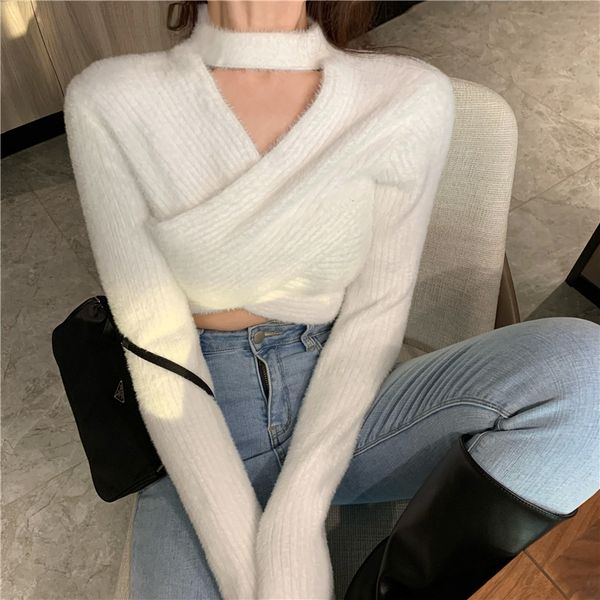 

2ways wear womens knitted sweater autumn and winter 2021 loose korean style female v neck sweaters and pullovers womens (r99509), White;black