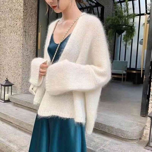 

korean mohair outside cardigan women's thin shawl coat 2021 spring and autumn loose lazy style v-neck sweater, Black