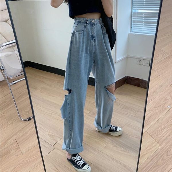 

knee holes loose vintage womens jeans blue mom 90s modern ripped high waist